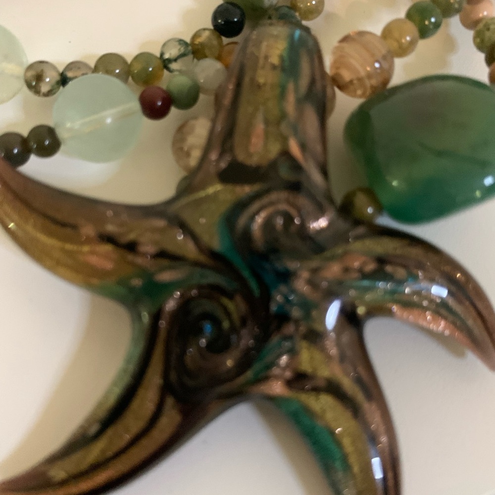 OOAK Murano Starfish w/Vintage Jade Jasper Agate Sea Glass Necklace - Picture 14 of 16
